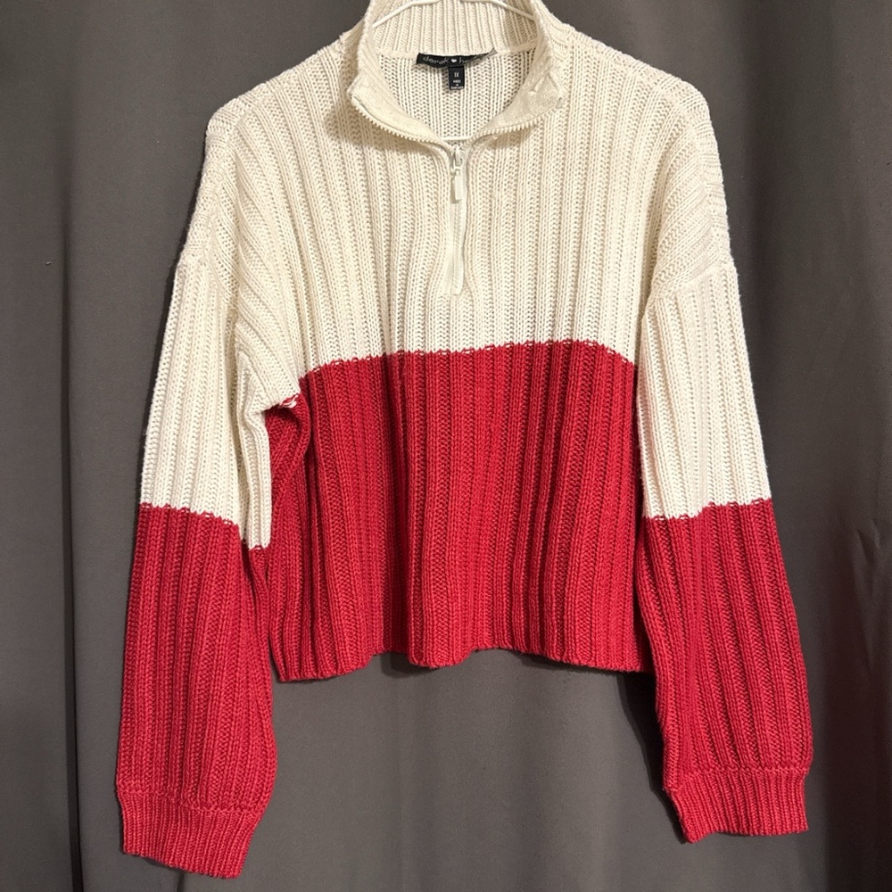 Derek Heart Cream and Red Half-Zip Cropped Sweater